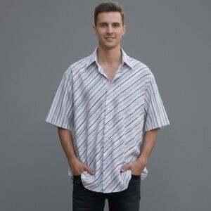 Dimension Men's NWOT Gray Striped Short Sleeve Casual Button Down Shirt Sz Small